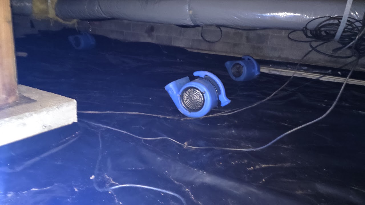 Air movers beneath crawlspace ductwork.
